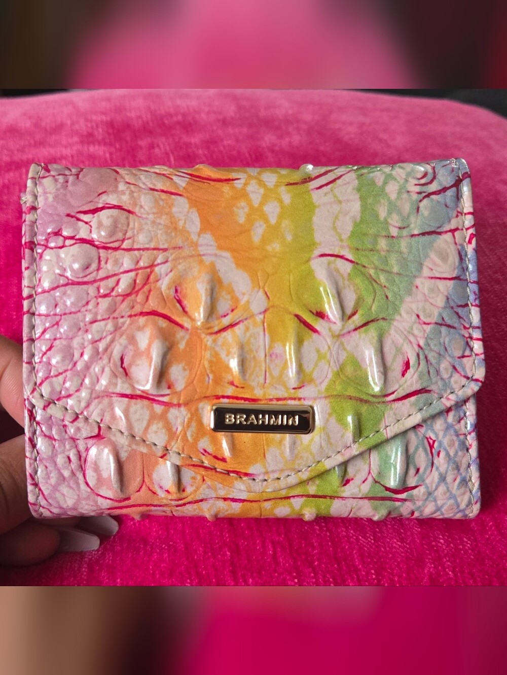 Brahmin Pink Orange Yellow Green Croc-Embossed Wallet